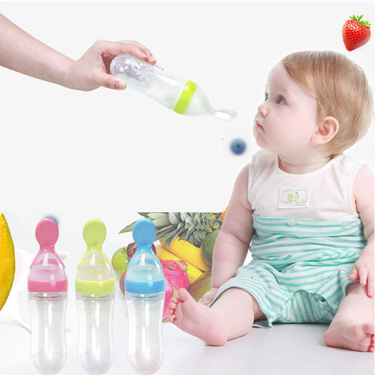 Safe Silicone Squeeze Baby Feeding Bottle with Spoon – Perfect for Newborns & Toddlers