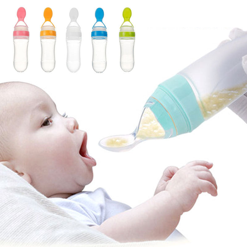 Safe Silicone Squeeze Baby Feeding Bottle with Spoon – Perfect for Newborns & Toddlers